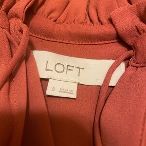 LOFT Long Sleeve Pumpkin Orange Flowy Work Top with Pleats and Neck Ties